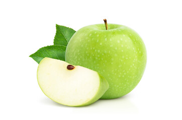 Organic Green Apple with sliced  isolated on white background.