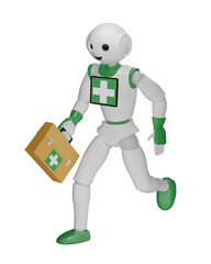 Roboter rennt mit Erste Hilfe Tasche. 3d rendering isoliert auf weiß