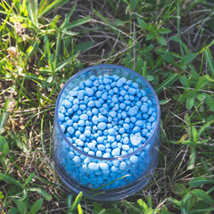 Blue different shape chemical fertilizer granules in glass on green grass.