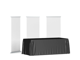 Blank tradeshow tablecloth with roll-up banners aside