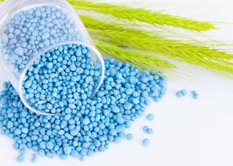 Blue different shape chemical fertilizer granules in glass with green spikelet