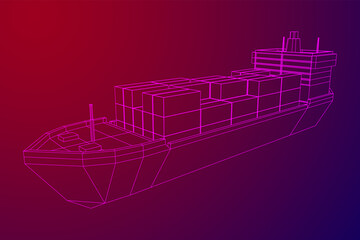 Heavy dry cargo ship of bulk carrier with freight containers. Wireframe low poly mesh vector illustration.