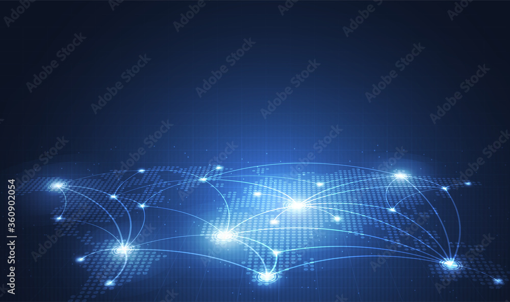 Poster global network technology background with world map or social media communication internet network c