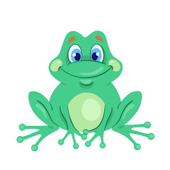 Little funny cute frog is sitting. In cartoon style. Isolated on white background. Vector flat illustration.