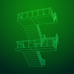Wireframe stairs, interior staircases steps with railing. Wireframe low poly mesh vector illustration.