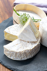 French cheeses collection, pieces of camembert and Le Bleu cow milk blue cheese with white mold.