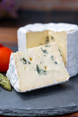 French cheeses collection, piece of Le Bleu cow milk soft blue cheese with white mold.