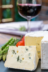 French cheeses collection, piece of Le Bleu cow milk soft blue cheese with white mold.