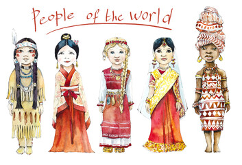 Five girls in national costumes: Indian, Hindu, Chinese, Slavic, African. Watercolor hand drawn illustration. Sketch style 