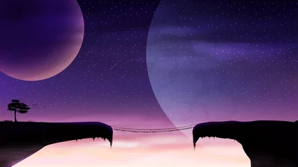 Fototapeten Violett Eine Hängebrücke zwischen zwei Bergklippen auf dem Hintergrund riesiger Planeten. Weltraumlandschaft auf einem neuen Planeten  © DDevicee
