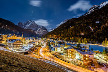 A night shot of city of Canazei. Its a comune (municipality) in Trentino in the northern Italian...