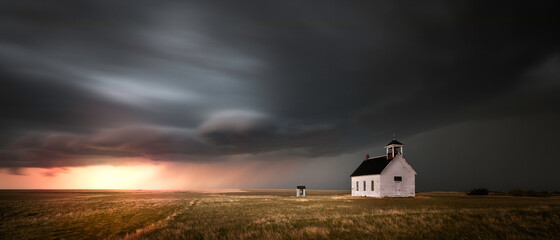 Old church in the rural countryside with a sever storm at sunset. There is an outhouse visible in...