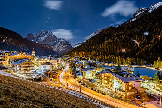 A night shot of city of Canazei. Its a comune (municipality) in Trentino in the northern Italian region Trentino-Alto Adige/S&uuml;dtirol, located in the upper part of the Val di Fassa.
