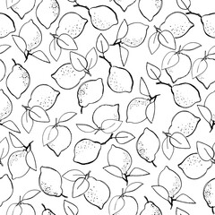 Seamless pattern with outlined lemons for surface design, posters, coloring books. Healthy vegan food, tropical fruit theme