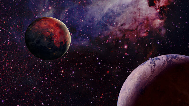 Exoplanet, exomoons and galaxy. Elements of this image are furnished by NASA