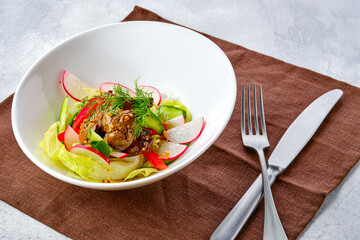 Salad with liver, radish, cucumber, tomato and  creole mustard