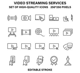 A set of simple linear icons for streaming video services and online cinemas.