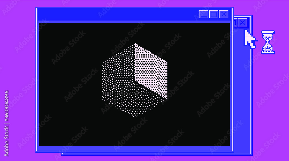 Leinwandbilder Abstract technology background with retro terminal console command-line interface and floating cubes. Surreal illustration in retrowave and vaporwave 8-bit pixel art style.