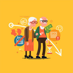 Sad and worried elderly couple having troubles with pension plan during economy recession and crisis. Losing pension savings concept vector illustration