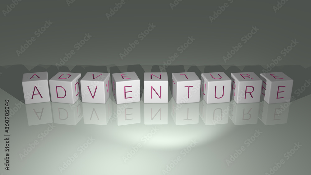 Poster alphabetic adventure arranged by cubic letters on a mirror floor, concept meaning and presentation i