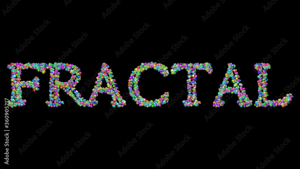 Poster colorful 3d writing of fractal text with small objects over a dark background and matching shadow. a