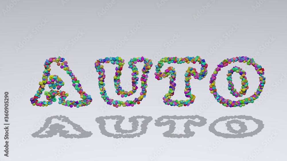 Poster auto written in 3d illustration by colorful small objects casting shadow on a white background. car 