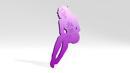 GIRL made by 3D illustration of a shiny metallic sculpture on a wall with light background. beautiful and woman