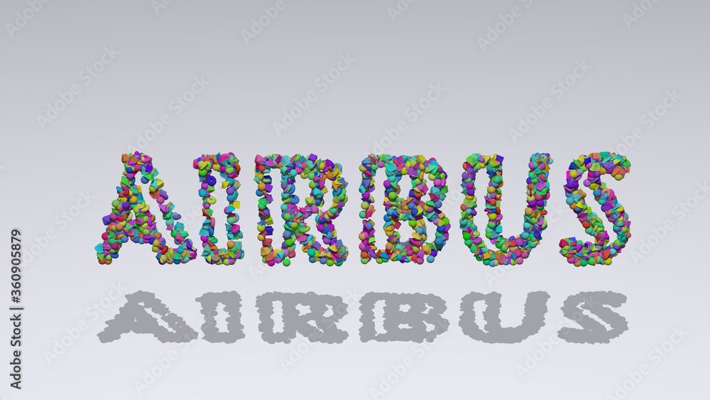Poster colorful 3d writting of airbus text with small objects over a white background and matching shadow. 
