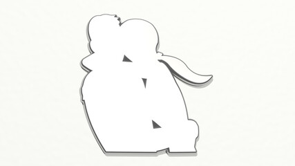 LOVERS made by 3D illustration of a shiny metallic sculpture on a wall with light background. couple and beautiful