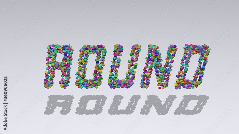 Poster round: 3d illustration of the text made of small objects over a white background with shadows. circl