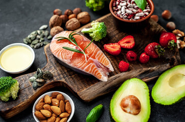 Healthy food selection, healthy eating concept for heart on stone background