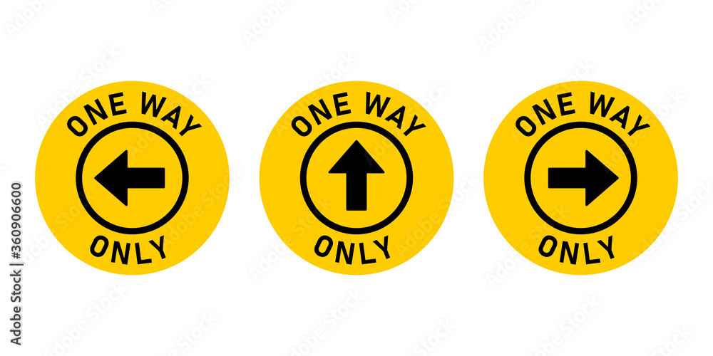 Poster set of one way only round floor marking sticker icon with direction arrow and text. vector image.