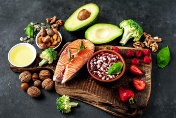 Fototapeta na wymiar Healthy food selection, healthy eating concept for heart on stone background