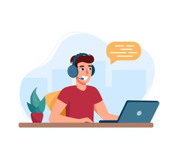 Fototapeta na wymiar Man with headphones and microphone with laptop. Vector illustration call center specialist. Concept for support, assistance, call center. In the background is an abstract city, flat style