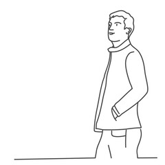 Young man is standing, hands in pockets. Line drawing vector illustration.