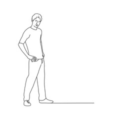 Guy is standing, hands in pockets. Line drawing vector illustration.