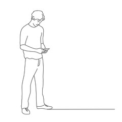 Guy are using phone. Line drawing vector illustration.