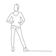 Woman holding hands on hips. Rear View. Line drawing vector illustration. 