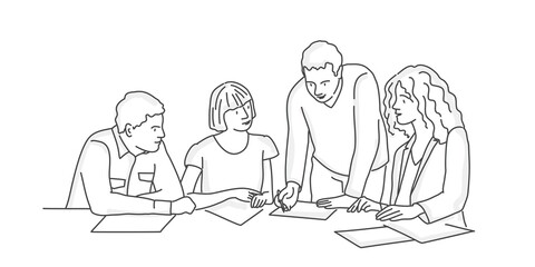 Group of business people sitting at office. Work concept.Line drawing vector illustration.