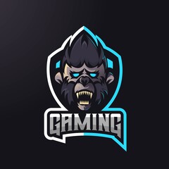 Monkey athletic club vector logo concept isolated on dark background. Modern gaming team mascot badge design. E-sports team logo template with animal vector illustration