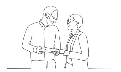 Young man with a beard and woman discuss their work. Line drawing vector illustration.