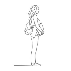 Young woman is standing with backpack on his back. Line drawing vector illustration.