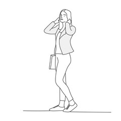 Young woman speaking phone. Line drawing vector illustration.