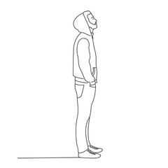 Guy in a hoodie is looking up. Line drawing vector illustration.