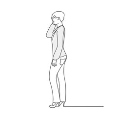 Girl speaking phone. Line drawing vector illustration.