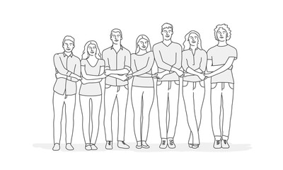 Group of people holding hands support team unity. Line drawing vector illustration.
