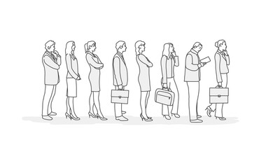 Business people standing in row. Line drawing vector illustration.