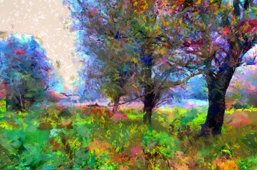Paintings landscape, colorful autumn forest