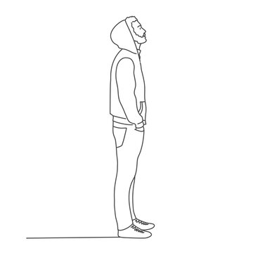 Guy In A Hoodie Is Looking Up. Line Drawing Vector Illustration.