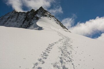 Snow tracks high in the Alps